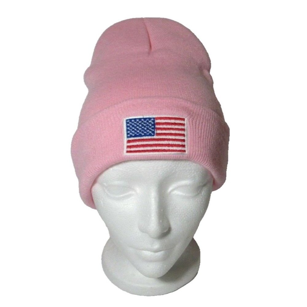 USA Embroidered Beanie Pink American Flag One Size Hat Acrylic Unisex Casual